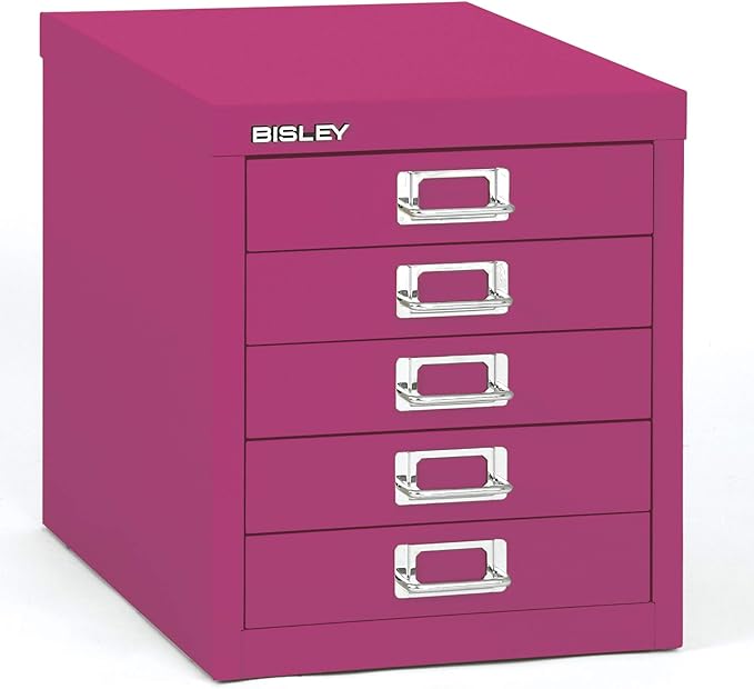 Bisley 5-Drawer Steel MultiDrawer Cabinet - Fuchsia, Chrome Pull Handles with Label Holders, Powder-Coated Steel, Removable Drawers, Desktop Storage, Labels Included