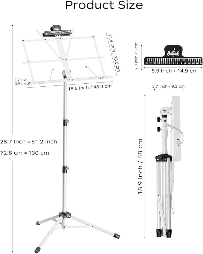 K KASONIC - Music Stand, 2 in 1 Dual-Use Folding Sheet Music & Desktop Book Stand, Portable, Lightweight with Music Sheet Clip Holder & Carrying Bag Suitable for Instrumental Performance, White
