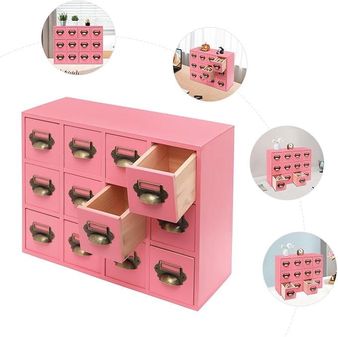 12 Drawer Drawers Storage Cabinet, Wooden Medicine Cabinet Desktop Drawer Organizer Herb Storage Box with Solid Wood Build & No Assembly for organize spices medicines jewelry cosmetics(Pink)