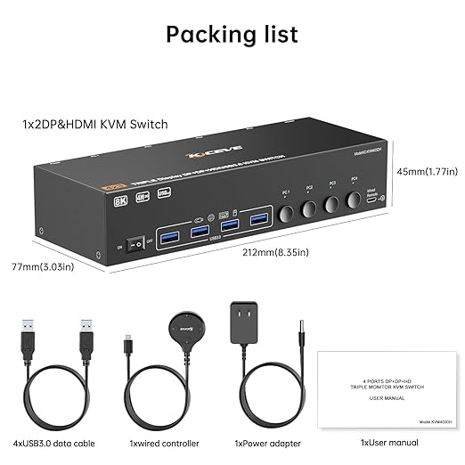KVM Switch 3 Monitors 4 Computers 8K@60Hz 4K@144Hz, HDMI +2 Displayport Triple Monitor KVM Switch with 4 USB Ports for Keyboard Mouse,Support Extended/Copy Mode, with Wired Remote and 4 USB Cables