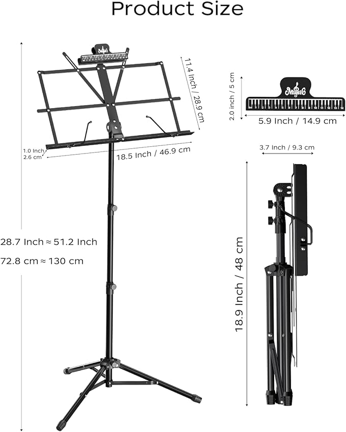 Music Stand, Kasonic 2 in 1 Dual-Use Folding Sheet Music Stand & Desktop Book Stand, Portable and Lightweight with Music Sheet Clip Holder & Carrying Bag Suitable for Instrumental Performance (2 Pack Black)