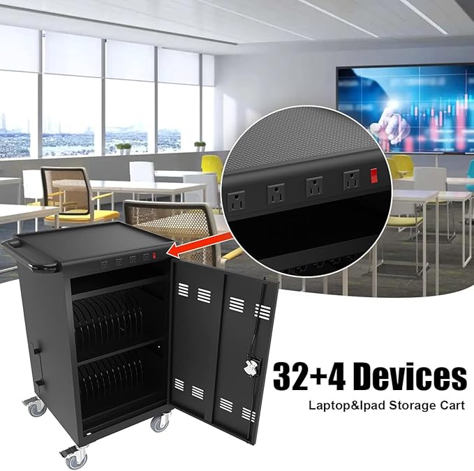 36 Device Charging Cart, Laptop and Tablet Storage Cart, Holds Up to 16.3" with Cord Management, Front and Rear Door Locks, Classroom or Office Charging Cabinet.Black with 4 Position Power Strip