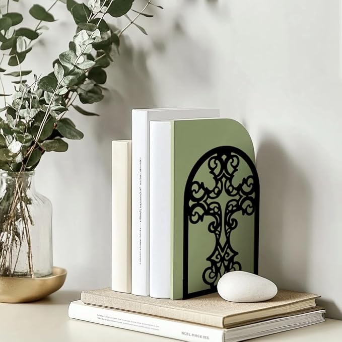 Peacoblue Metal Bookends for Shelves, Modern Decorative Heavy Duty Study Book Support Stoppers for Office, Desk, Shelf, Room 5.3"x4.3"x6.7" Cast Iron Simple Tall Bookends, 1 Pair (Cross)