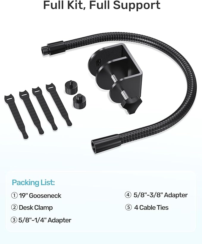 19-inch Gooseneck Webcam Mount Stand for Desk, Heavy-Duty Table Clamp & Flexible Arm for Logitech Webcam BRIO 4K C920 C920s C922 C922x C925e C930 C930e C960 C615 NexiGo N60, Cam with 1/4" Thread