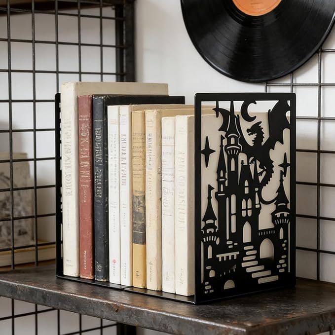 Book Ends, Bookends, Book Ends for Shelves, 2Pair Non Skid Metal Book Divider Decorative Holder, Abstract Art Desgin Book Stopper Supports for Office, Home (Dragon D)