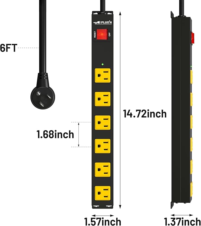 Power Strip 2700J Surge Protector, 2 Pack 6 Outlet Heavy Duty Power Strips with Flat Plug and 6FT Long Cord, Wall Mountable Metal Outlet Strip for Desk, Garage, Workbench and Kitchen