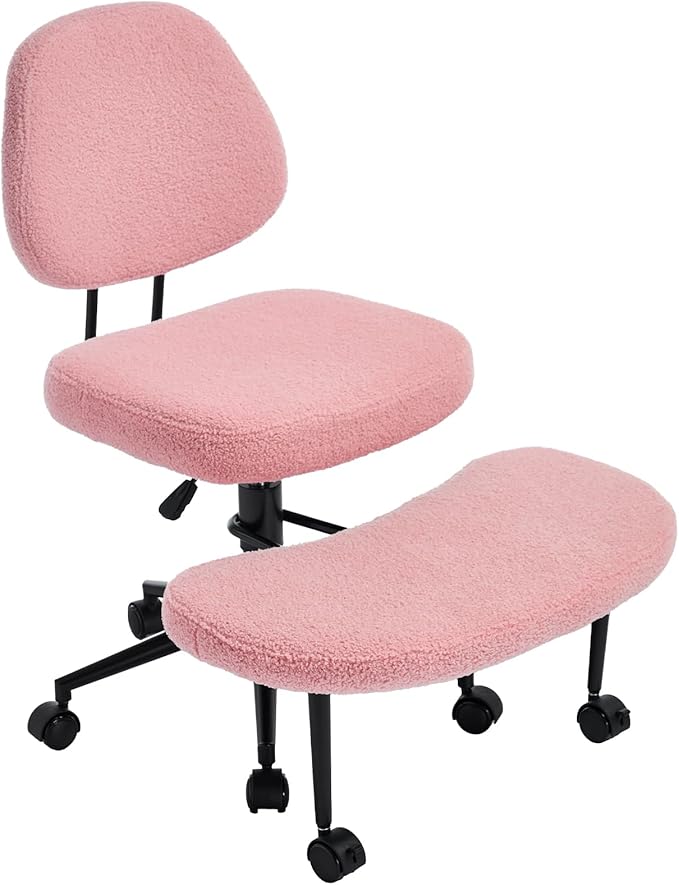 Criss Cross Chair Armless Office Chair for Cross Legged Sitting, 300lb Heavy Duty Ergonomic Desk Chair for ADHD, Adjustable Meditation Yoga Kneeling Chair with Brake Wheels for Home Office (Pink)