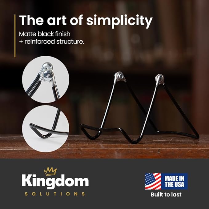 KINGDOM SOLUTIONS MADE IN USA 12-Pack Adjustable Black Metal Easels - Book Stand - Sturdy Plate Stand for Art, Pictures, Books, Frames - Unique on the Market