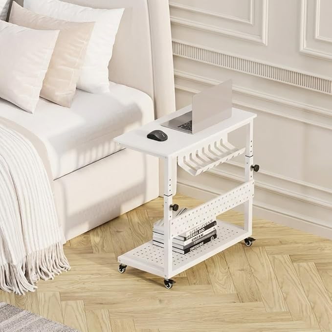 2-Tier Rolling Computer Tower Stand with Cable Management Rack, Height Adjustable CPU Holder Cart with Hooks for Gaming Home Office, PC Stand Fits Under Desk, White