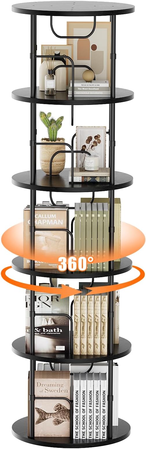 ALLSTAND 5 Tier Rotating Bookshelf, 360 ° Display Stackable Spinning Bookshelf Tower, Corner Bookshelf Tall Floor Standing Swivel Bookcase Narrow Storage Organizer for Bedroom, Living Room, Black