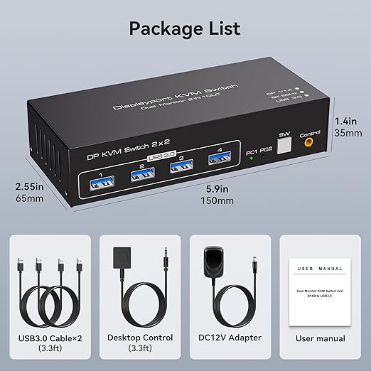 4K@120Hz KVM Switch 2 Monitors 2 Computers 8K@60Hz Displayport KVM Switch Share Dual Monitor and 4 USB Devices Support Extended/Copy Mode with USB 3.0 Cables and Extended Controller