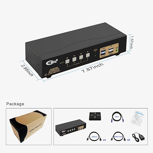 CKL KVM Switch Dual Monitor HDMI 4K@60Hz (2 Monitors 4 Computers 942HUA-3) for Home and Office to Console Desktops/Laptops, Support USB 3.0, Hot Key, Audio, Wireless Keyboard and Mouse