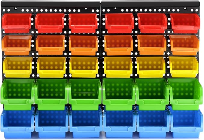 30-Bin Wall Mounted Storage Bins Kit, Tool Organizer Rack, Garage Hardware Organizer, Parts Storage Bins, DIY Combination 4 Set (Red & Green & Orange Type)