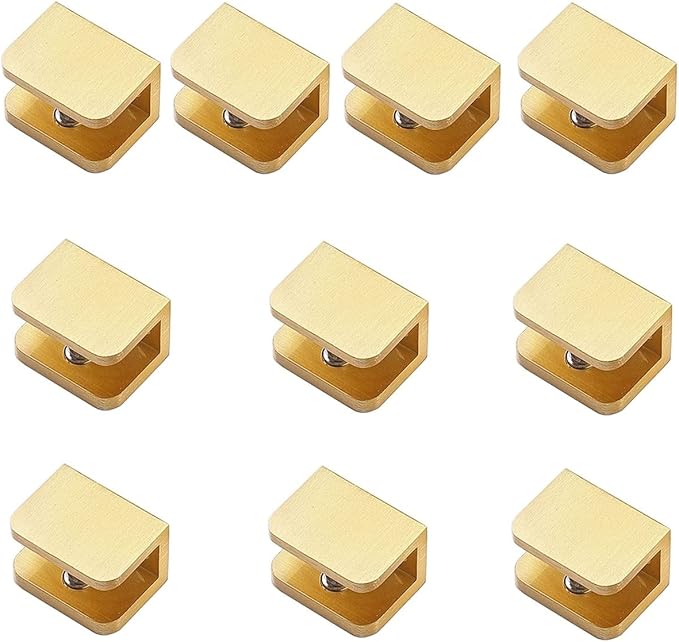 LukLoy 10 Pack Gold Glass Clamp Brackets (10-12mm) - No-Drill Glass Holder, Secure Anti-Slip Grip