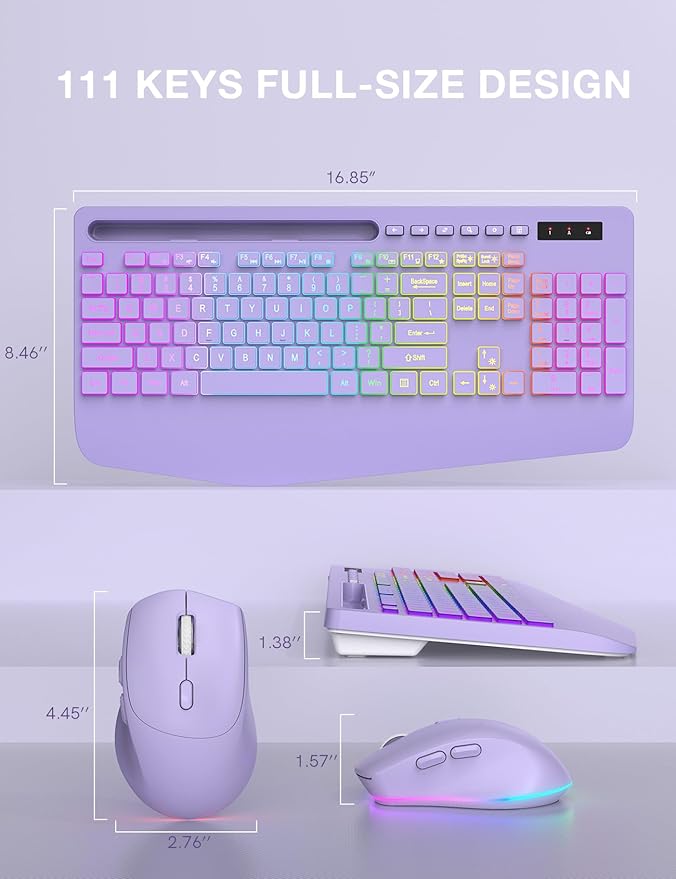 SABLUTE Wireless Keyboard and Mouse Combo, 9 Backlit Effects, Wrist Rest, Phone Holder, 2.4G Lag-Free Ergonomic Keyboards, KM22 MAX Rechargeable Silent Set for Computer, Laptop, Mac, Windows(Purple)