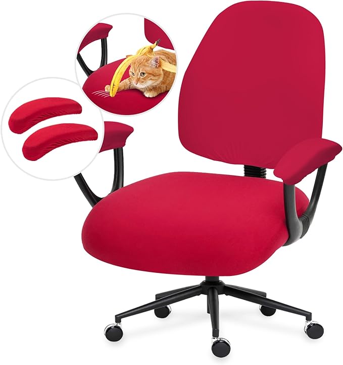 Stretchable Office Chair Seat Covers - Universal Stretch Computer Chair Slipcover - 180GSM Washable Rotating Backrest Coverings & Cushion Protectors & Armrest Covers for Dogs, Cats, Pets, Red