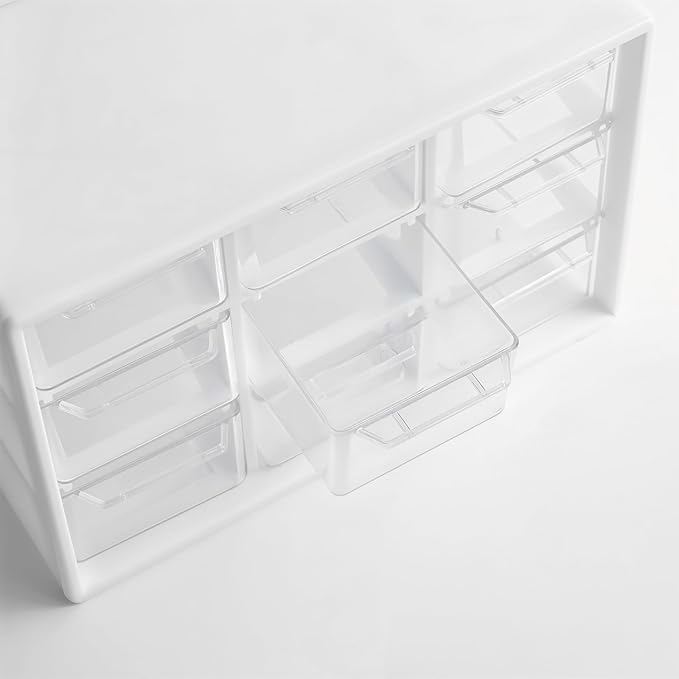 2 Pcs Mini Plastic Drawer Organizer with 9 Clear Drawers, White Small Desktop Storage Compartments for Office, School, Home, Craft Supplies & Jewelry
