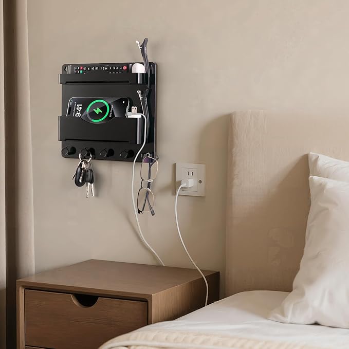 Bedside Wall Shelf with Glasses Hooks ,Adhesive Bedside Organizer Wall Mount for Dorm and Room Accessories Phone,Remote,Earphone, Kindle (Black)