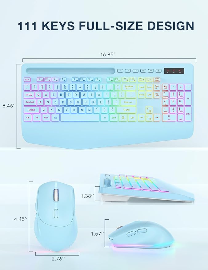 Wireless Keyboard and Mouse Combo, 9 Backlit Effects, Wrist Rest, Phone Holder, 3 DPI Speed, 2.4G Ergonomic Keyboards, KM22 MAX Rechargeable Silent Set for Computer, Laptop, Mac, Windows, Blue-SABLUTE