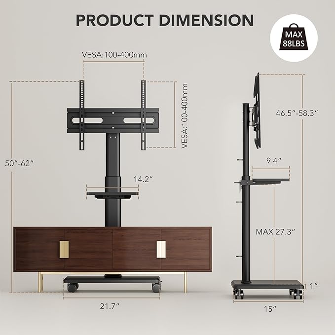 AX WABER Universal Floor TV Stand, Portable Rolling Floor TV Mount with Wheels, 80 Degree Swivel Height Adjustable for 27 to 65 Inch LCD LED OLED TVs, Holds up to 88 lbs Mobile TV Cart