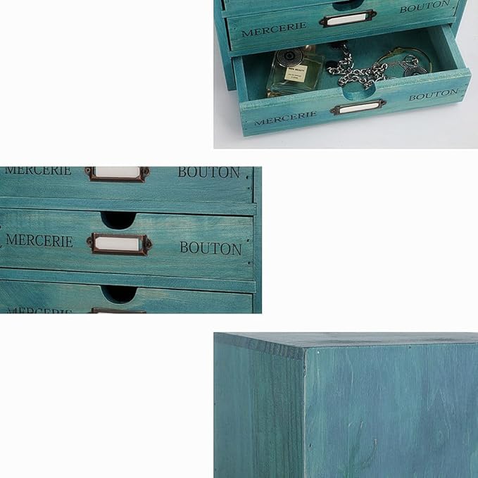Wooden Storage Box Rustic Desktop Organizer with 3 Drawers Office Desk Accessories Shelf Small Craft Storage Containers Apothecary Cabinet and Chest Jewelry Holder for women(BLUE)