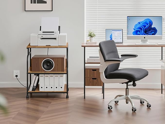 VECELO Adjustable Large Printer Stand with Power Outlet, 3-Tier Heavy Duty Cart on Lockable Wheels, Office Storage Table for Home Office, 3D Printer, Fax Machine, Scanner, Rustic Brown