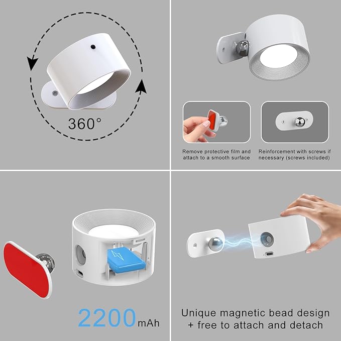 AKSDA 3Pack Battery Operated Wall Sconce, 3 Color Modes 3 Brightness Levels 360°Rotation Lighting Timer Touch & Remote Control, Wall Mounted Lamp LED Wall Lights for Bedroom Reading Bedside (White)