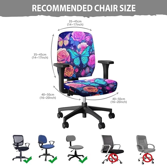 Butterfly Flower Office Chair Covers 2 Piece Stretchable Office Chair Seat Cover Soft Fit Universal Desk Rotating Chair,Computer Chair Washable Chair Cover Decorative for Women Men