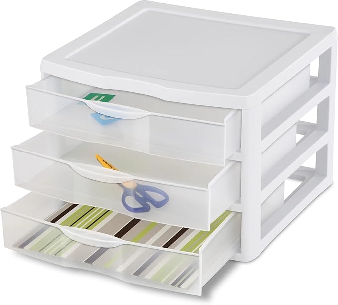 Wide 3 Drawer Unit, Clear Plastic Countertop or Desktop Drawers, White