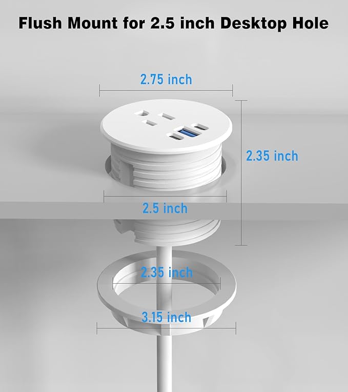 Desk Grommet Power Outlet, 2.5 inch Desktop Recessed Outlet with 20W Fast Charging USB-C Port, Flush Mount Outlet for Conference Rooms, Office Tables, Furniture (White, 6FT)