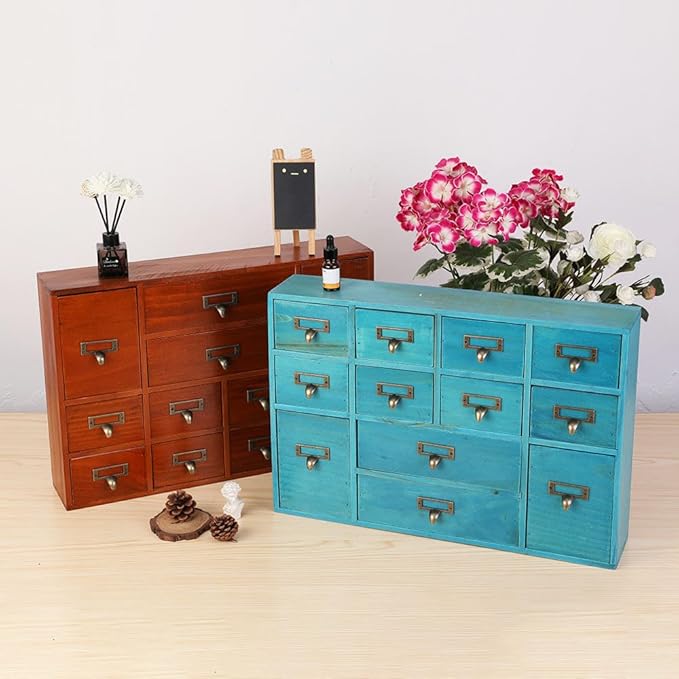 12 Drawers Apothecary Cabinet with Drawers Tabletop Apothecary Drawers Library Card Catalog Cabinet Medicine Cabinets Wood Desk Organizer Wooden Storage Box (Blue)