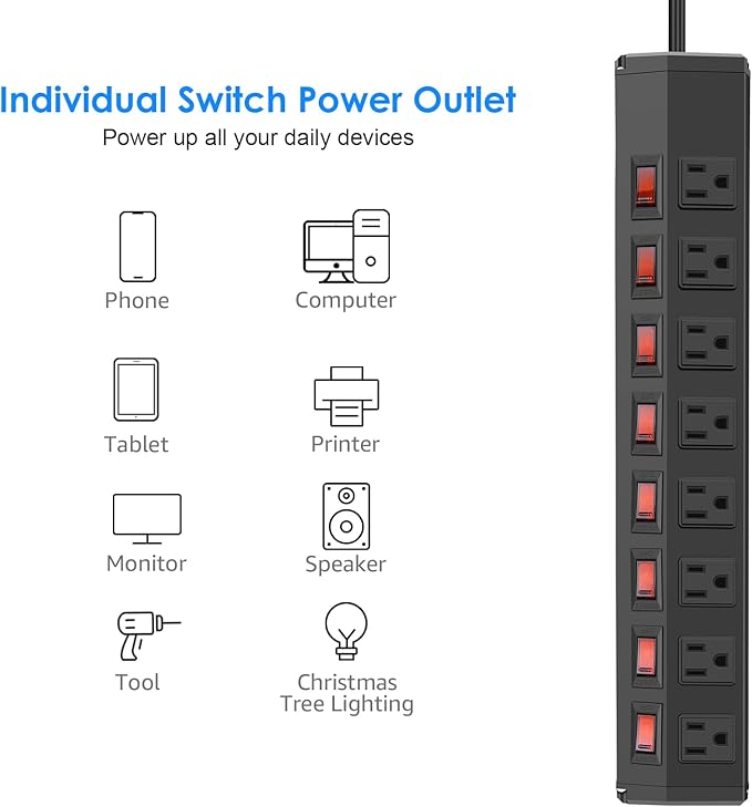 8 Outlet Heavy Duty Power Strip with 8 Individual Switches,Moutable Metal Power Strip Surge Protector 1200 Joules,50FT 14AWG Extension Cord,15A 1800W 125V 60Hz