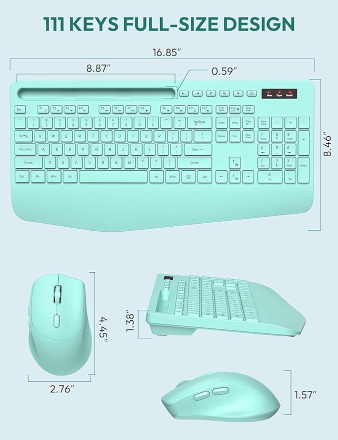 SABLUTE Wireless Keyboard and Mouse, Wrist Rest, Phone Holder, Batteries Included, 2.4G Lag-Free Ergonomic Keyboards Mouse Combo, KM23D Silent Keyboards Set for PC, Laptop, PC, Windows, Mint Green