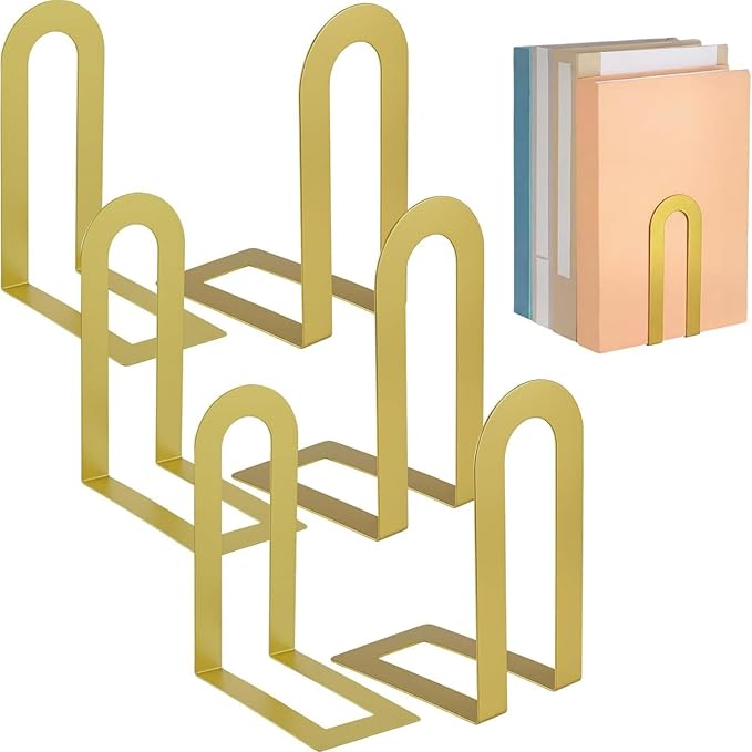 Chunful 6 Pcs Modern Metal Book Ends for Shelves Decorative Small Bookends Book Shelf Organizer Minimalist Design Stopper to Hold Books for Home Office (Gold,7.5 * 5.75 * 3.5inch)