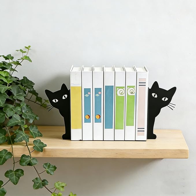 Peekaboo Cat Bookends, Cute Black Metal Decorative Book Ends for Shelves, Heavy Duty Rustproof Book Stoppers for Home Office Study Desk, for Cat Lovers Book Lovers