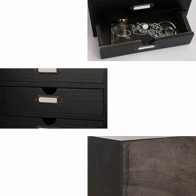 Wooden Storage Box Rustic Desktop Organizer with 2 Drawers Office Desk Accessories Shelf Small Craft Storage Containers Apothecary Cabinet and Chest Jewelry Holder for women(BLACK)