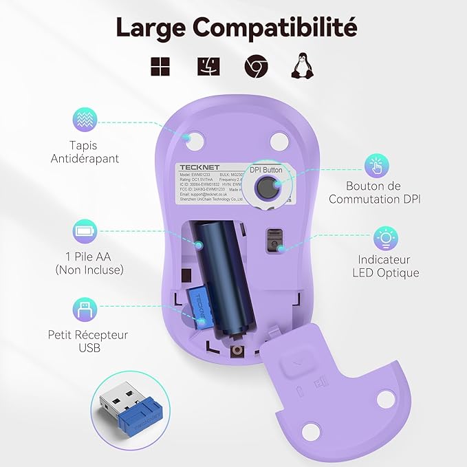 TECKNET Wireless Mouse for Laptop, 2.4G Silent Computer Mouse Quiet Click with 5 DPI Levels,Contoured Grip,Small Portable 30 Months Battery Cordless Mice for PC, Chromebook, Mac - Purple Green