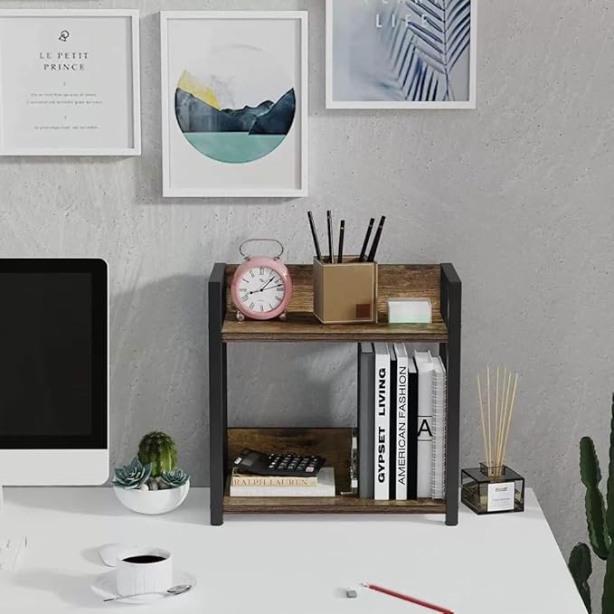 Office Desk Shelf Organizer, Wood Desktop Bookshelf Supplies Storage Rack, Shelf for Top of Desk and Dresser and Cubicle Decor Aesthetic Bookshelf (Brown, Small 12.9" Lx6.3 Wx10.2 H)