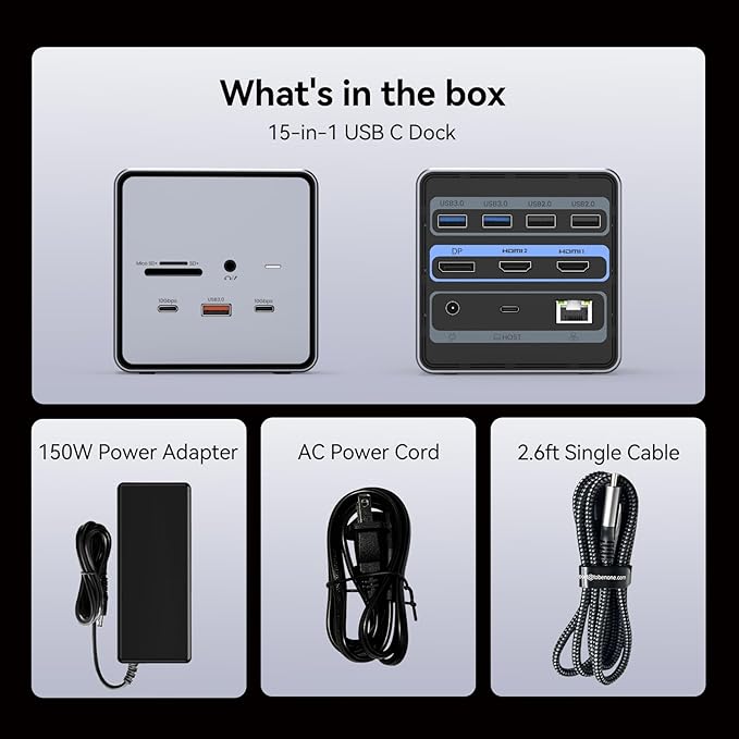 TobenONE USB C Docking Station Dual/Triple Monitors with 150W Power Adapter for Dell/HP/Lenovo/Surface/Asus/Chromebook, 2 HDMI, DP, 5 USB, Ethernet, SD 4.0/Micro SD