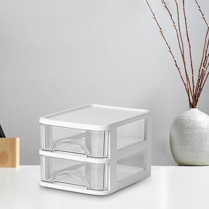 Mini Desktop Drawer Plastic White Frame with Clear Drawers Small Storage Drawers Containers Multi-layer Storage Organization Units for Storing Arts, Crafts, Sewing Accessories, Stationary (2 Layers)