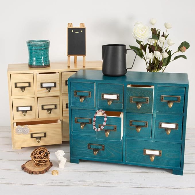 Apothecary Cabinet with 10 Drawers & Labels Rustic Library Card Catalog Cabinet Desktop Wooden Storage Box for Organize Herbal、Tea Bag、Jewelry (Wood)