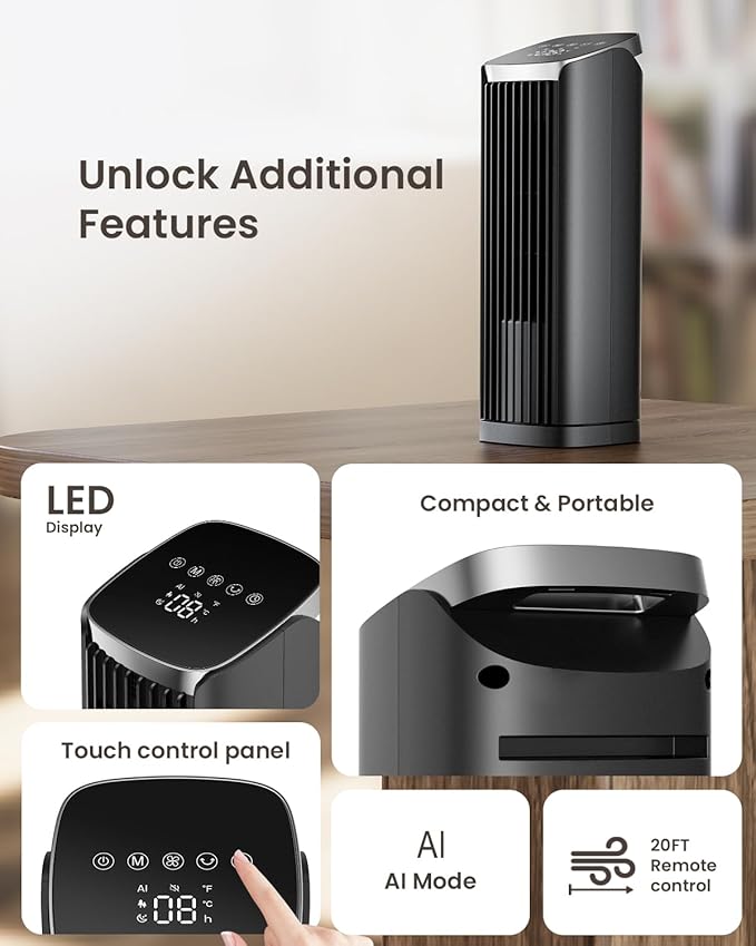 PNTCK Fan for Bedroom, 13" Tower Fan with Remote, 4 Modes 4 Speeds Max 24ft/s, 70° Oscillating Desk Fan, 12H Timer Portable Fans, Cooling Fans for Office, Home Large-13.1”-Remote