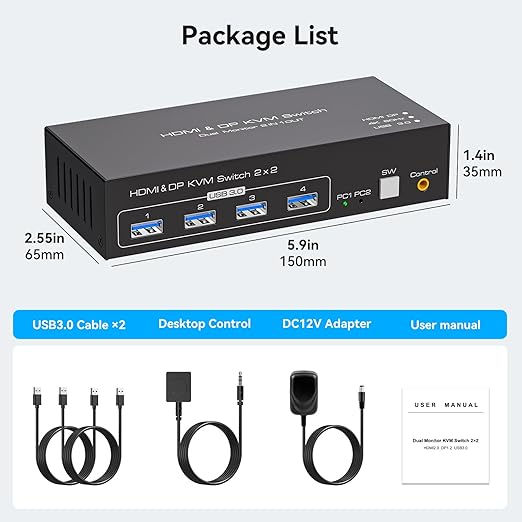 HDMI+Displayport KVM Switch 2 Monitors 2 Computers 4K@60Hz KVM Switcher for Two PC Share Dual Monitors and 4 USB 3.0 Ports Support Extended/Copy Mode with Desktop Controller&2 USB Cables