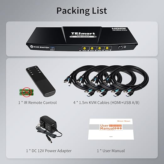 TESmart USB 3.0 HDMI KVM Switch 1 Monitor 4 Computers 4K@60Hz, L/R Audio & Microphone, 4 Port EDID Emulators, Hotkey Switching, Button Switching with Remote Switch and All Input Cables