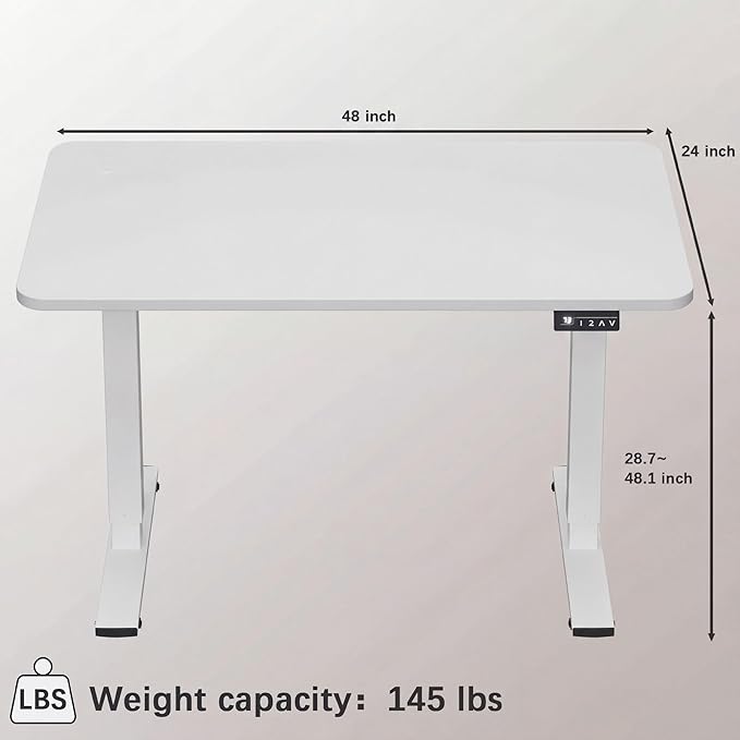 Furmax Electric Height Adjustable Standing Desk Large 48 x 24 Inches Sit Stand up Desk Home Office Computer Desk Memory Preset with T-Shaped Metal Bracket, White
