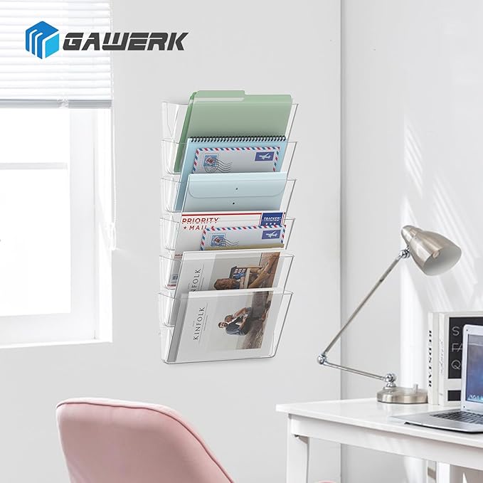 Gawerk 6 Pack Clear Single Pocket Wall File Holder Hanging Wall Organizer, Wall Mount Mails Magazines Organizer for Office and Home