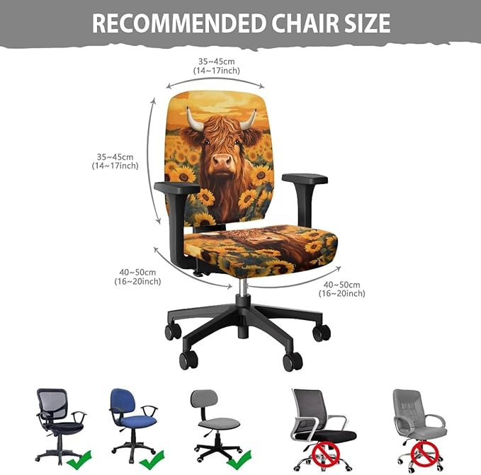 Highland Cow Office Chair Covers Stretchable Desk Accessories Universal Split Rotating Swivel Chair Slipcover Protector Computer Office Chair Seat Cover 2 Piece Office Gifts for Women Men