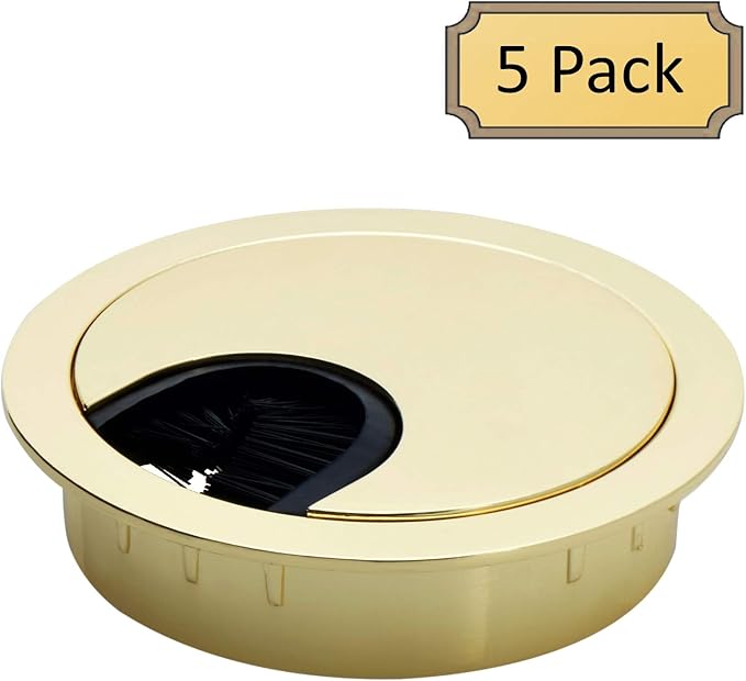 Polished Brass Metal Cable Grommet | 2 Piece "Lock in" Feature with "Brush" Opening for Management of Office & Computer Desk Wires | 60mm (2 3/8") Hole Opening | 5 Pack