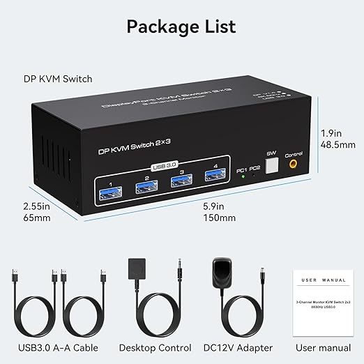 8K Displayport KVM Switch 3 Monitors 2 Computers 8K60Hz 4K120Hz DP KVM Switches Triple Monitor for 2 PC Share 4 USB 3.0 Support Extended & Copy Display Mode Wired Controller and 12V Adapter