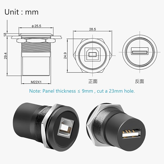 USB B to A Panel Mount Adapter - Solderless USB 2.0 Female Connector, Threaded Fixed USB Type B to A Conversion for Printers & Scanners